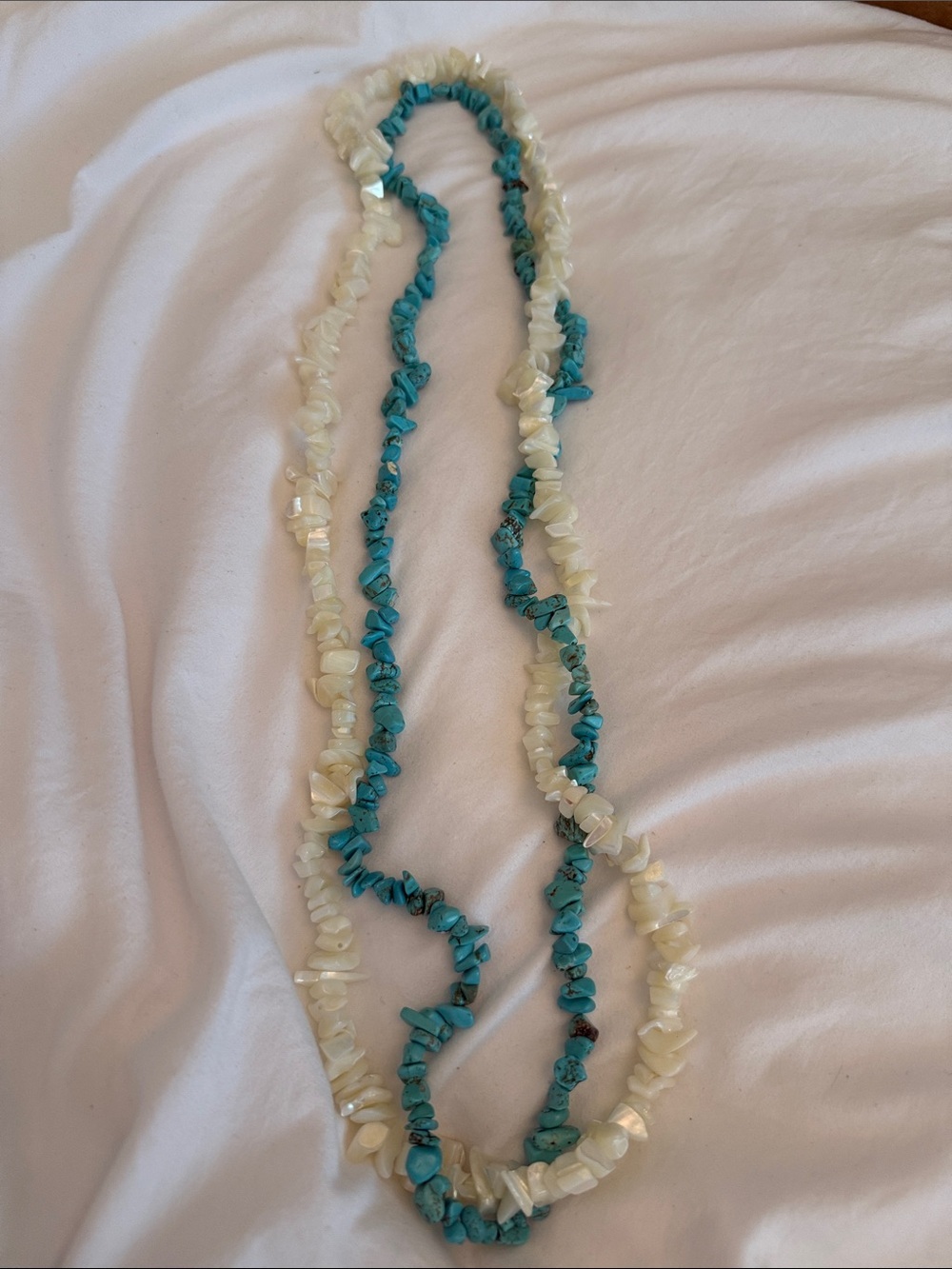 Boho Multi Strand Turquoise & Mother of Pearl Shell Chip Endless Layering Neckla